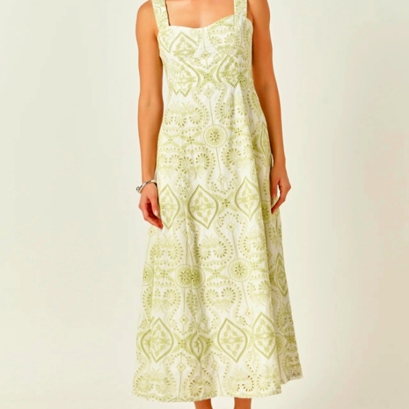 Endless Rose Green Pistachio Eyelet Embroidered White Cotton Maxi Dress Size M - Picture 6 of 16